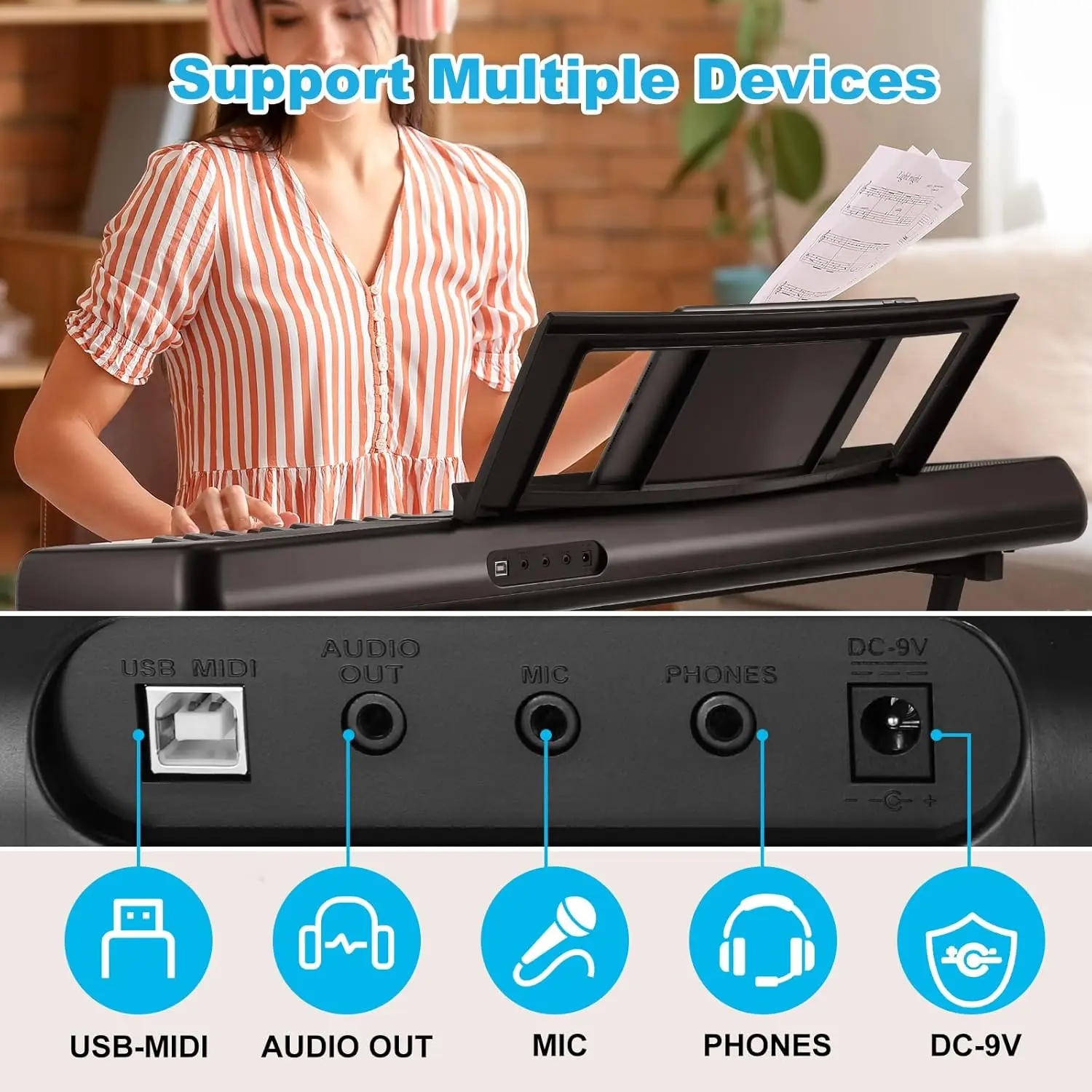 لوحة مفاتيح البيانو البيانو الرقمي 61 مفتاحًا، لوحة مفاتيح البيانو الكهربائية للمبتدئين، 300 وظيفة الصوت والتدريس، لوحة المفاتيح الإلكترونية