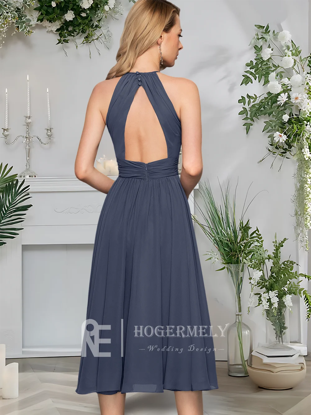 A Stormy A-Line Scoop Chiffon Cocktail Dresses With Ruffled Waist Gold Prom Dresses For Birthday Graduation Evening Dress