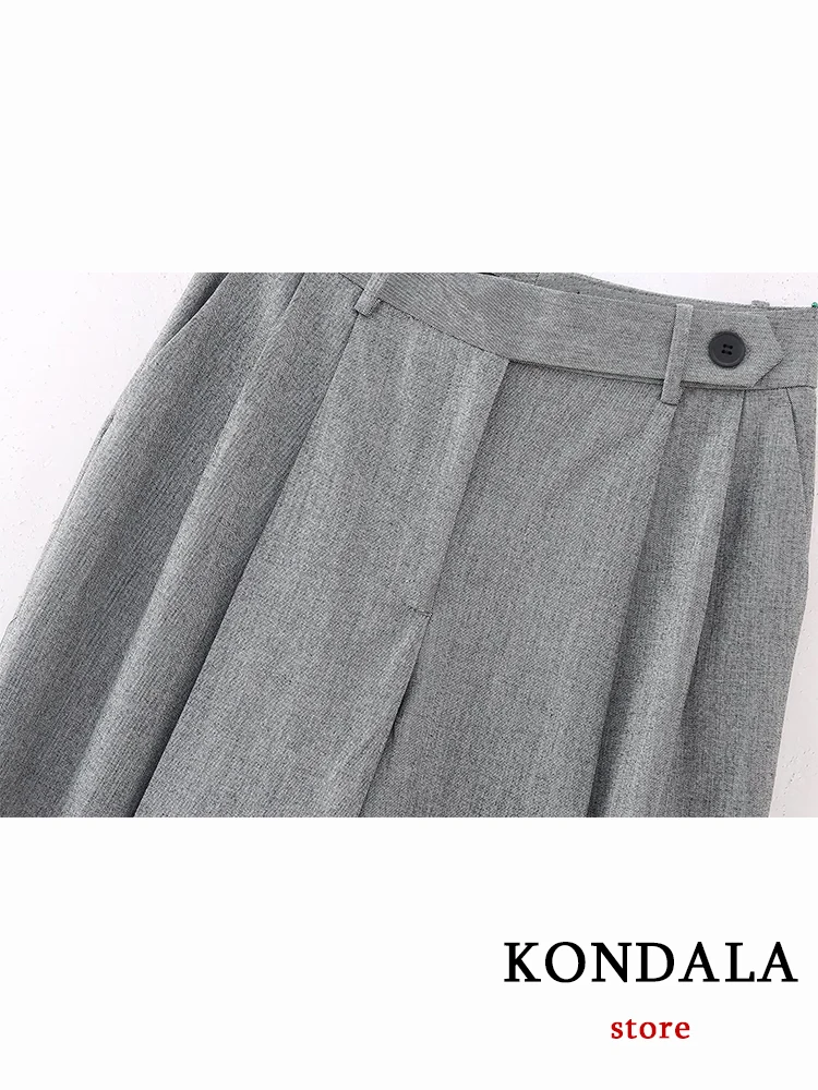 KONDALA New Chic Grey Fashion 2023 Autumn Office Lady Women Suit Sleeveless Blazer Button Waistcoat Casual Wide Leg Zipper Pants