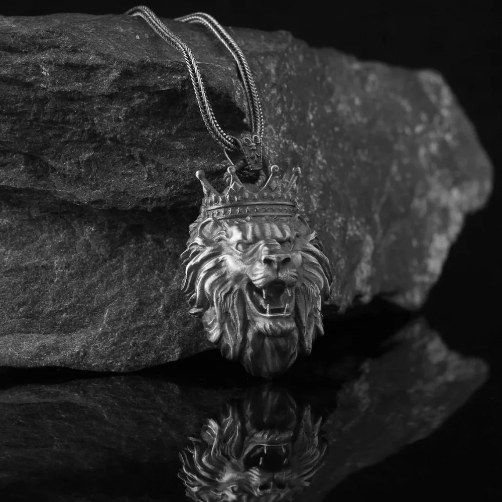 925K Sterling Silver Lion Necklace,Crown Medallion Gift For Boyfriend Turkish Jewelry Fine Workmanship 2022 Fashion Freeshipping