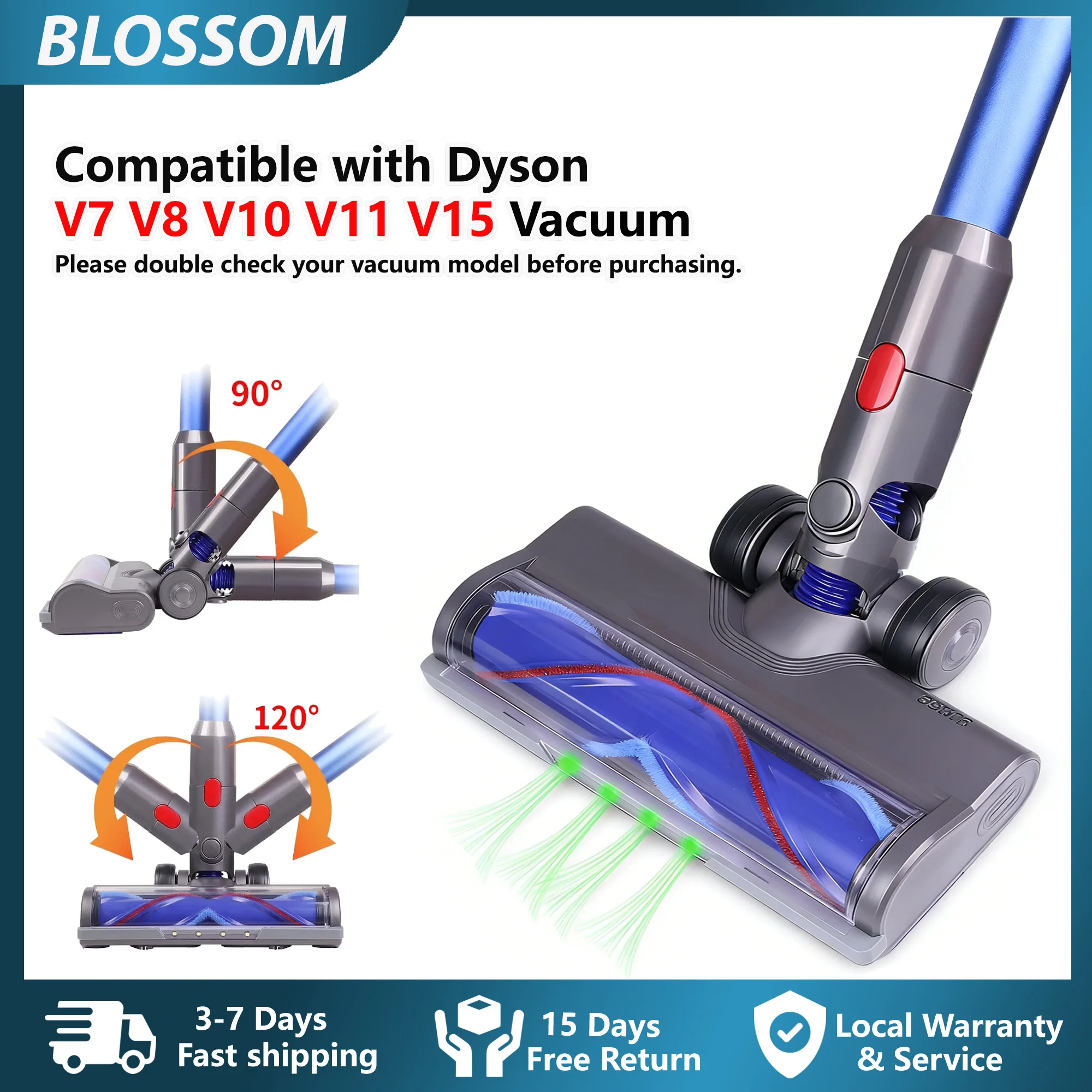 Tête d'aspirateur Blossom pour Dyson V7 V8 V10 V11 V15 avec lumière LED et brosse à rouleau souple, pièces de rechange