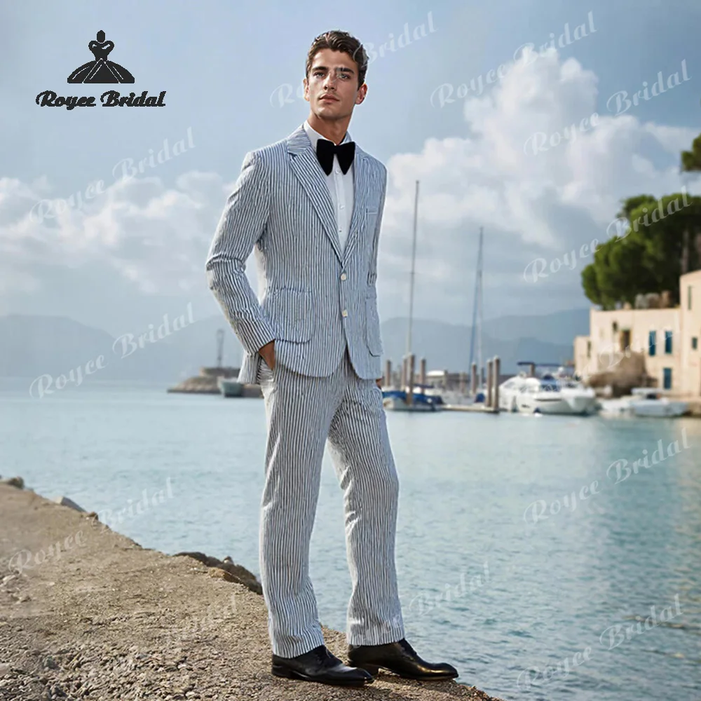 Notched Lapel Two Piece Single Breasted Seersucker Wedding Men's Suit 2026  Beach Wedding Party Suits costume homme mariage