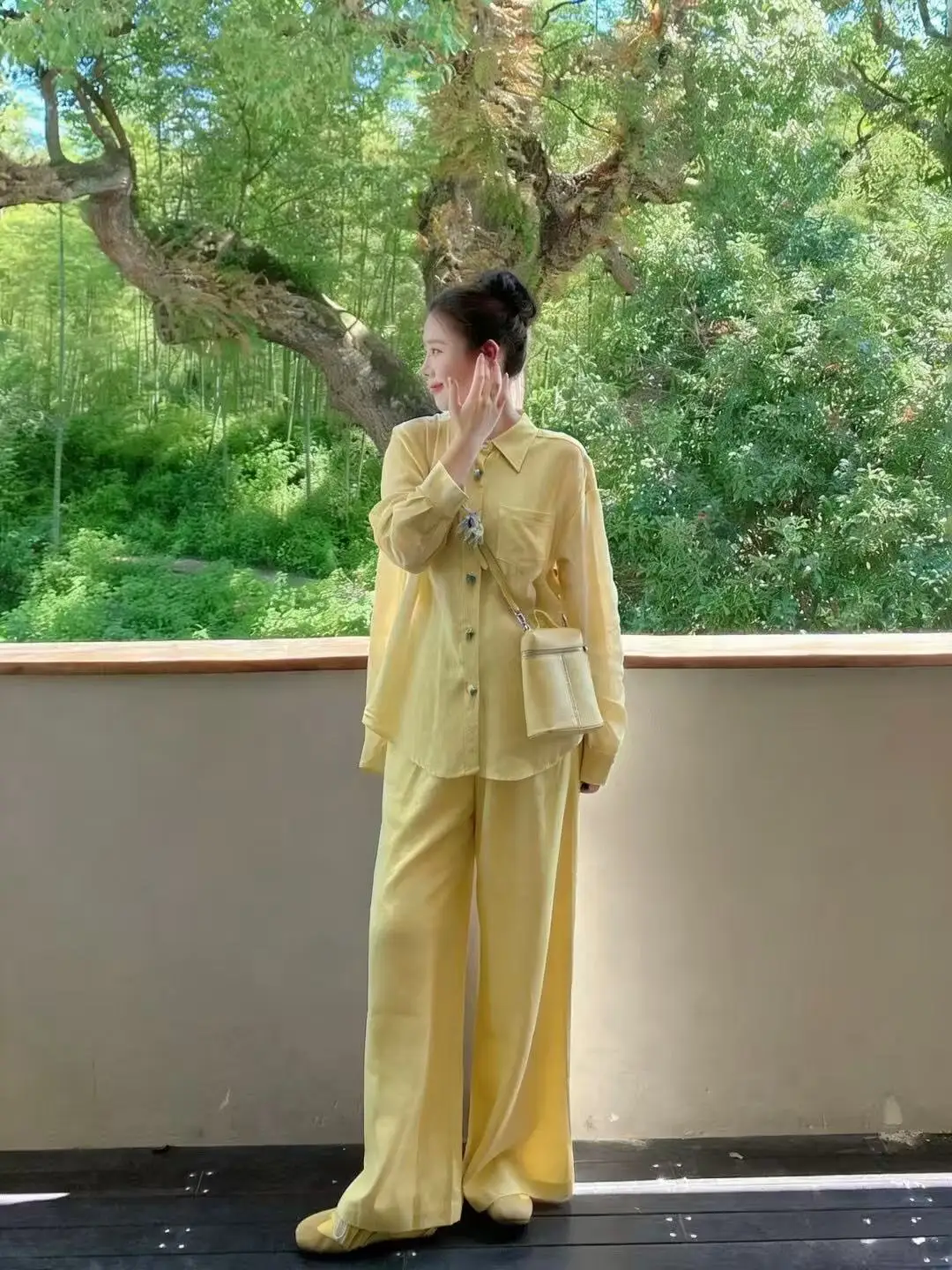 Casual design-style loose solid color linen trouser suit