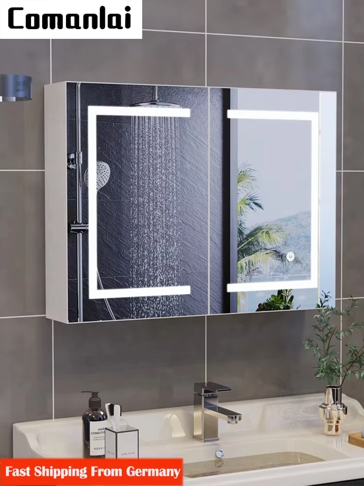 Comanlai Badezimmerspiegelschrank, Badezimmerschrank mit Spiegel, verstellbarem Regal und offenem Stauraum, Wandschrank