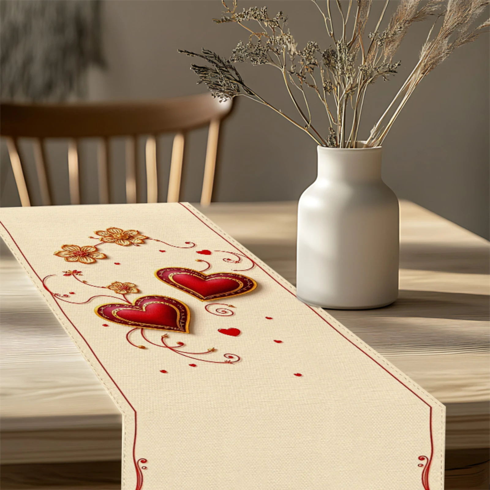 Elegant Table Runner with Golden Toned Flowers & Red Hearts Design Valentine'S Day Home & Restaurant Decor Festive 2D Print