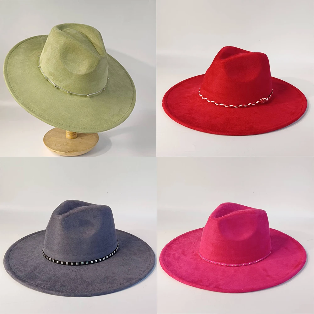 قبعة فيدورا من جلد الغزال بحافة 9.5 سم مع إكسسوارات مختلفة قبعة جاز قبعة الكنيسة الكلاسيكية قبعة واسعة الحواف قبعة نسائية
