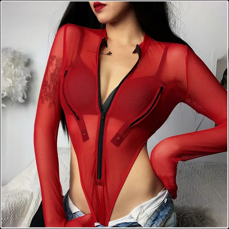 Kobiety z długim rękawem body z prześwitującej siatki seksowna sukienka przezroczysta przepuszczalność Playsuit Club Romper 2020 egzotyczne kombinezony na przyjęcie — zdjęcie 2