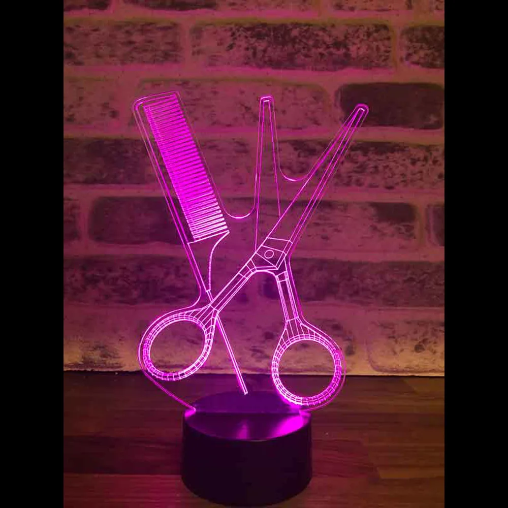 Comb Scissors 3D Illusion Acrylic LED Night Light Xmas Christmas Party Wedding Decoration Home Decor Birthday Hairdresser Gift