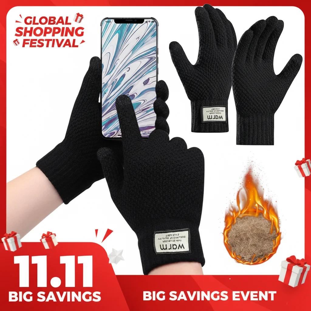 قفازات شتوية حرارية للرجال سميكة دافئة مقاومة للرياح مبطنة بالصوف ومضادة للانزلاق وشاشة تعمل باللمس لركوب الدراجات والتزلج والرياضات الخارجية