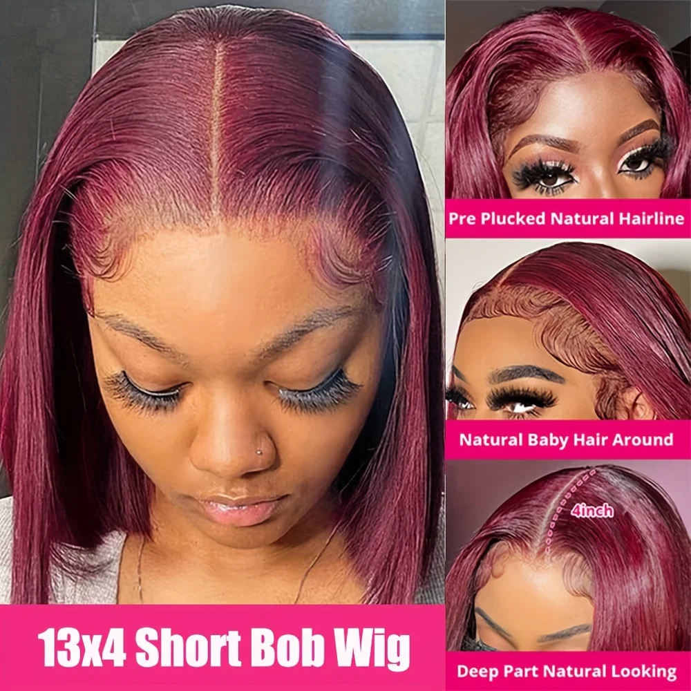 Perruque Bob Lace Front Wig Naturelle Lisse Bordeaux, Cheveux Courts, Vin Rouge, 99J, 13x4, avec Baby Hair, Densité 150%