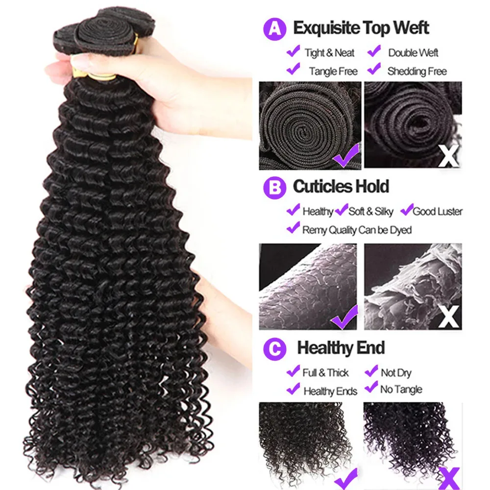 Mèches Deep Wave Naturelles Remy, Cheveux Vierges Bouclés, 13x4, Partie Libre, Fermeture 4x4, Document Naturel