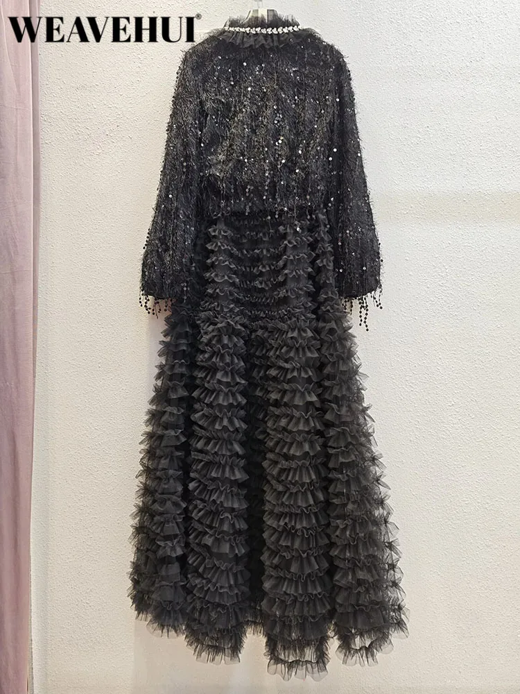 WEAVEHUI Women Diamonds V-Neck Lantern Sleeve Sequins Tassel Tops+ Elastic Waist Mesh Ruffles Long Skirt Vintage Black 2-Piece