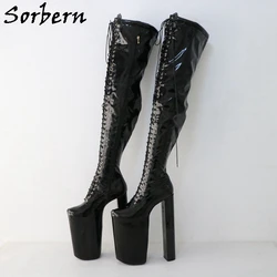 Sorbern Patent Crotch High Boots Women Lace Up Thick Platform Designer Fetish Extreme High Heel Boots Plus Size US4-17