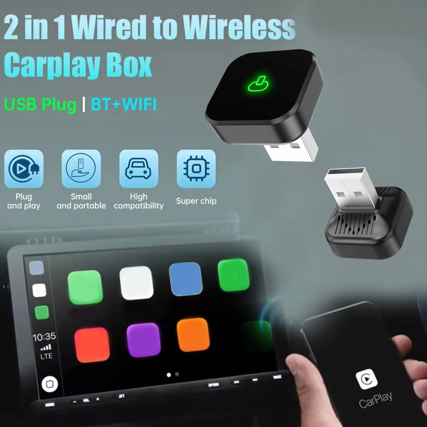 2 in1 Wired to Wireless Carplay Box  for Apple & Android phone Plug and Play Universal Car Accessory 5GHz WiFi Low Latency