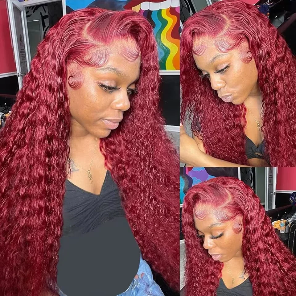 13x6 99J Lace Frontal Wigs 250% Deep Wave Curly Wigs Hd Lace Human Hair 100% Frontal Wig 30 40 Inch Burgundy Red Colored Wigs