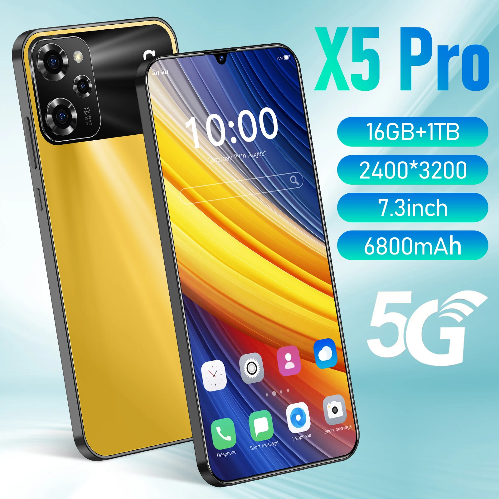 

X5 Pro Smartphone 5G 7.3 inch HD 16G+1TB Cell Phone Dual SIM Mobile Phones 6800mAh Cellphones Unlocked Global Version Celulares