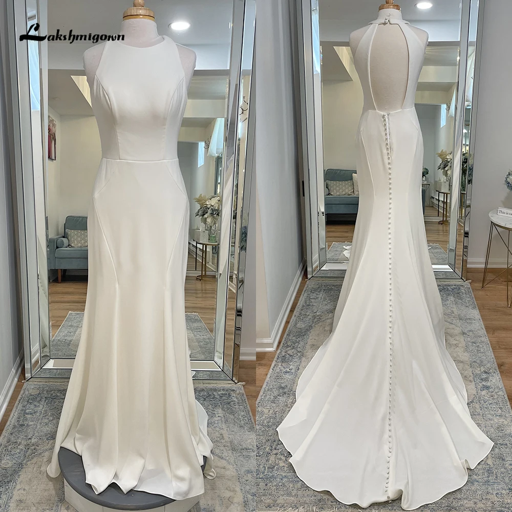 Einfache Halfter sexy Open Back Button Satin Meerjungfrau Brautkleid benutzer definierte für Frauen Boho Brautkleider Sweep Robe de Mariée Vestidos