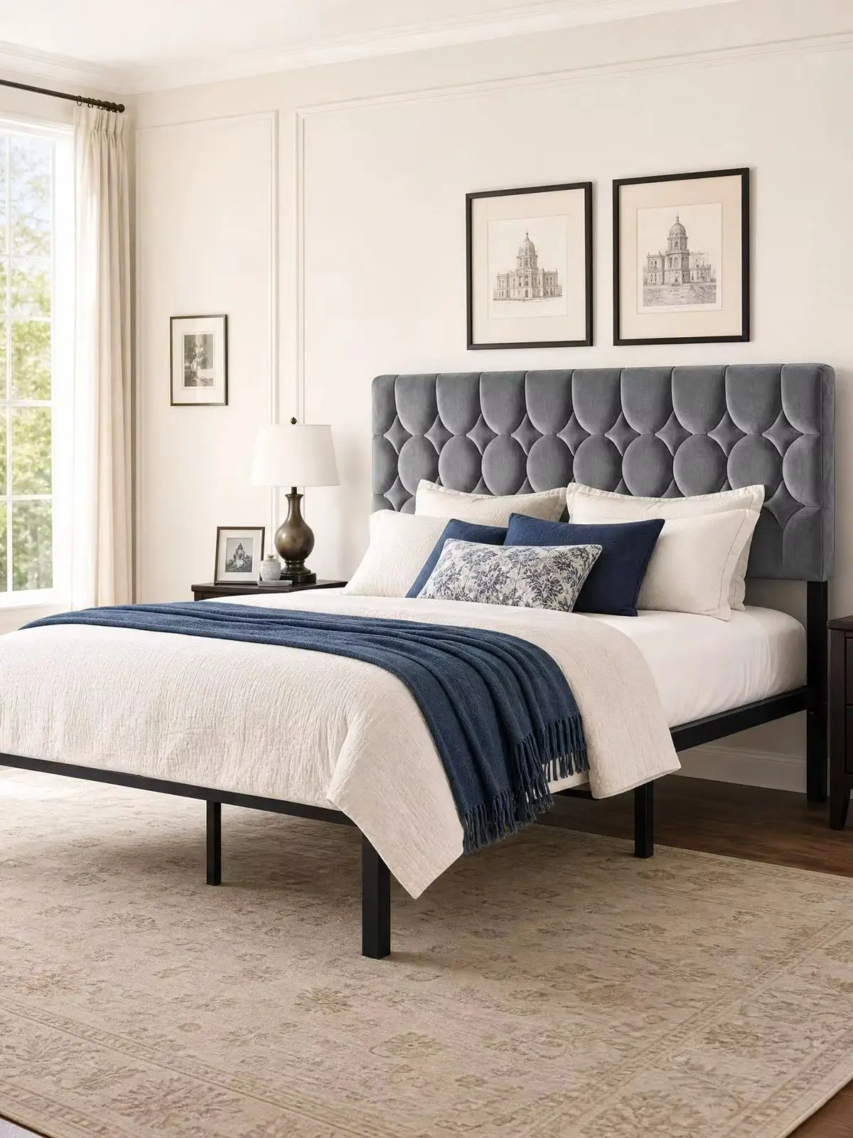 Bet 140x200 cm großes Doppelbett mit Lattenrost, verstellbarem Polsterkopfteil und Metallbettgestell, 12 stabile Metalllatten, Samtgrau