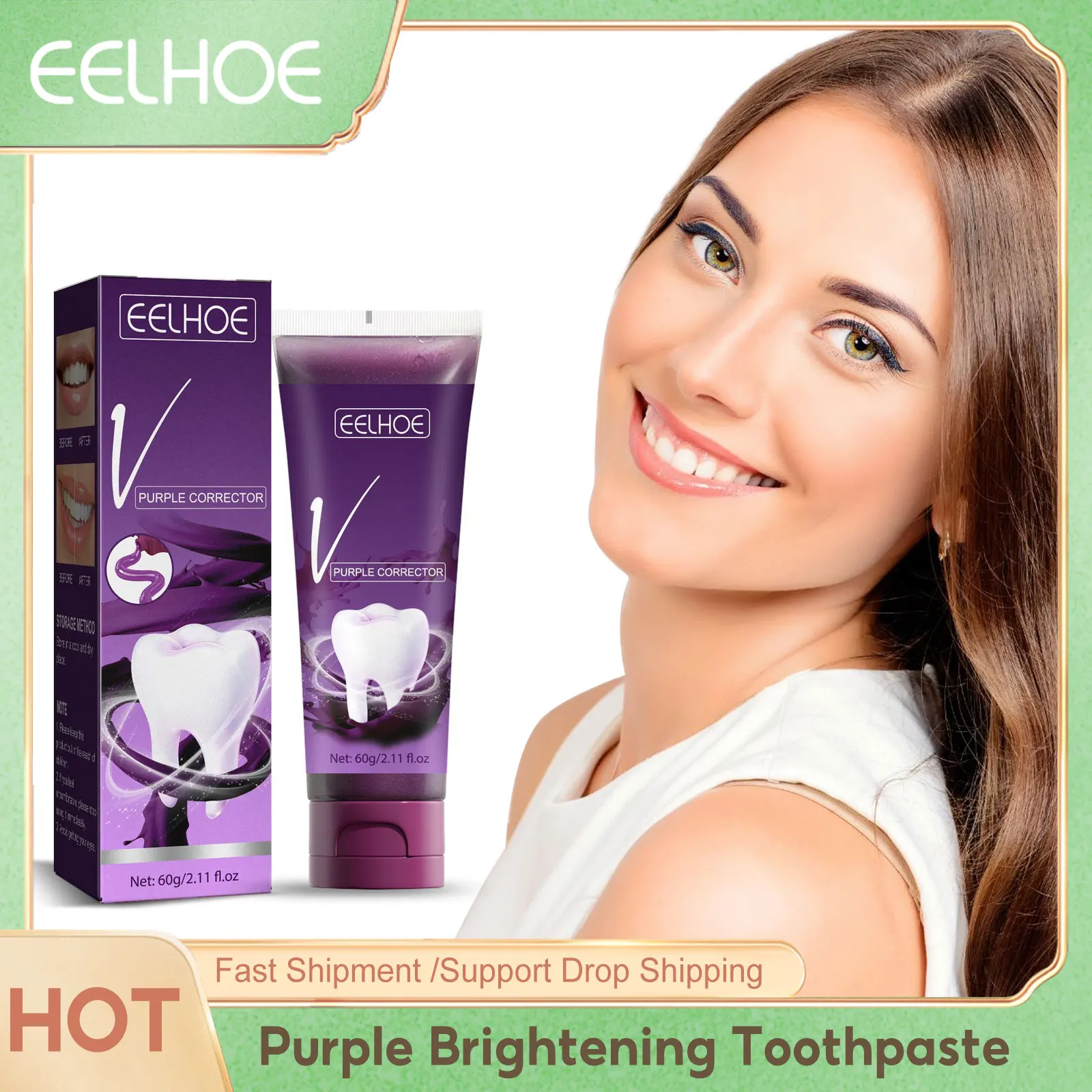 EELHOE V34 Purple Corrector Toothpaste for Teeth Cleaning Whitening Fresh Breath Brightening Teeth Stain Remover Teeth Gum Care