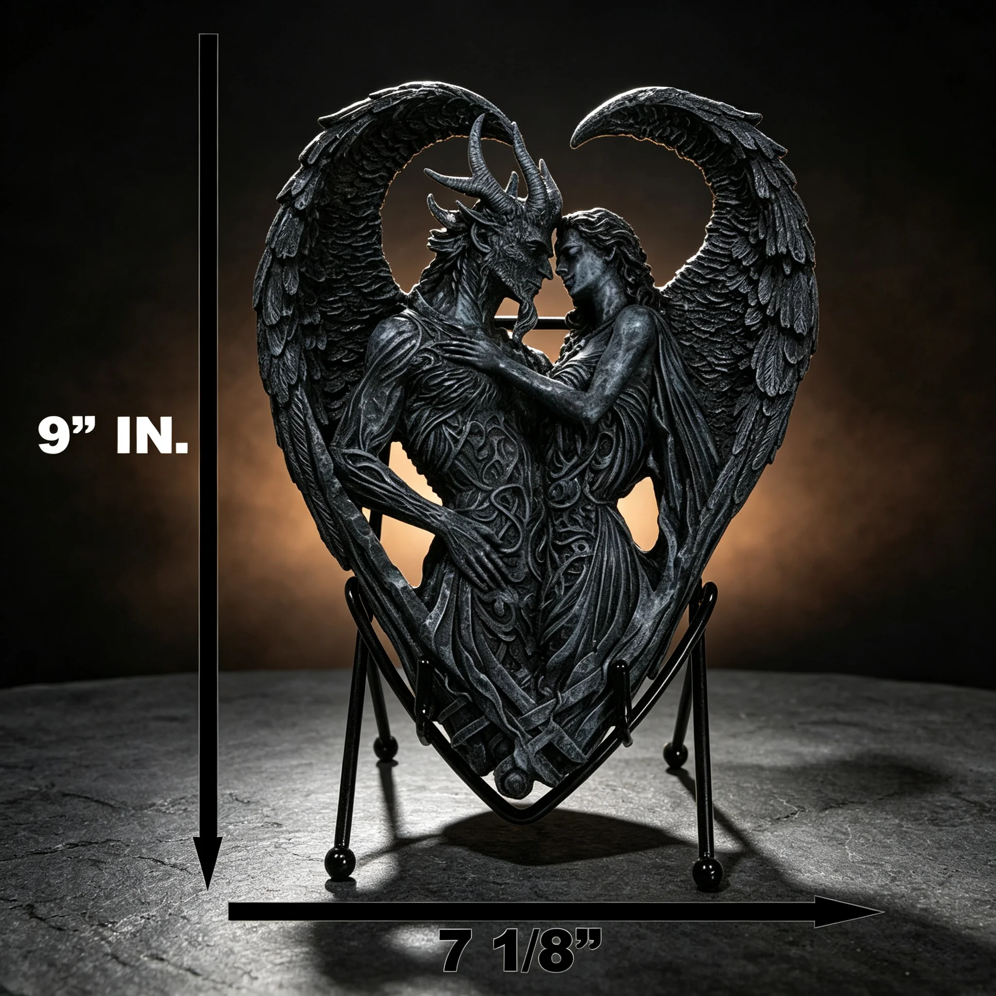Gothic Angel Demon Heart Plaque with Stand, Dark Fantasy Couple Figurine, Romantic Skull Artwork Decor, Collectible Home Display Ornament Gift