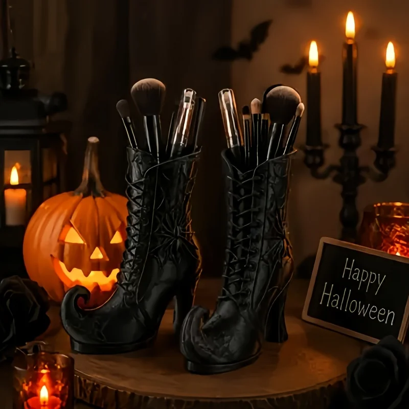 Collectible Statues 3D Printed Boot Pen Holder Gothic Witch Boots Spider Web 3D Printed Design Creative Halloween Gift Retro Makeup Brush Storage Box Adult Office Desk Decoration Storage Box