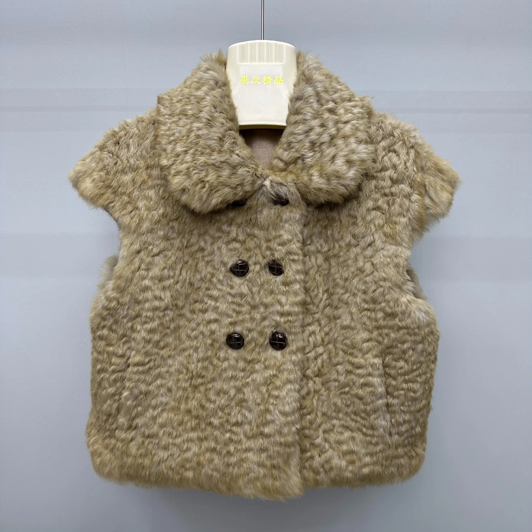Women Real Rabbit Fur Printed Vest Double-Breasted Fur Camisole Sleeveless Top Solid Color European American Autumn Winter Coat
