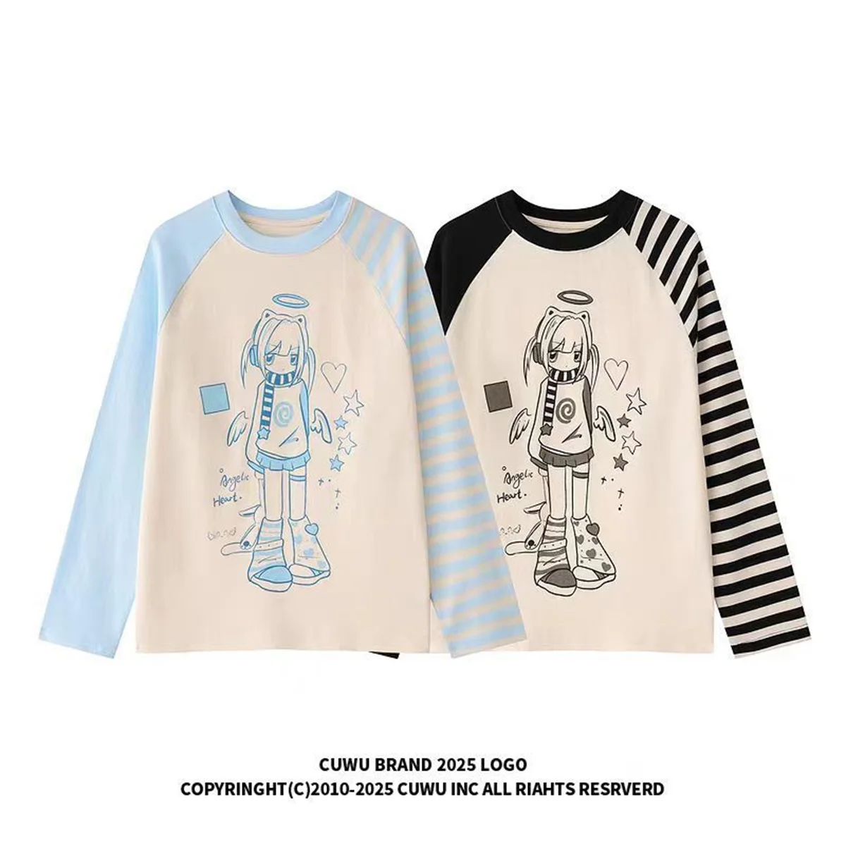 Cartoon-Grafik Damen T-Shirts Kawaii Blau Gestreift Schwarz Langarm-Shirts Cutecore Japanischer 2000er-Stil Oversize Casual Tops – Detail 1