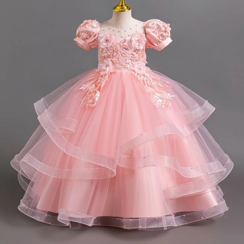 Girls Pearl Flower Princess Dress 4-12 Years Bow Puff Sleeve Long Mesh Skirt Carnival Birthday Banquet Wedding Host Evening Dres