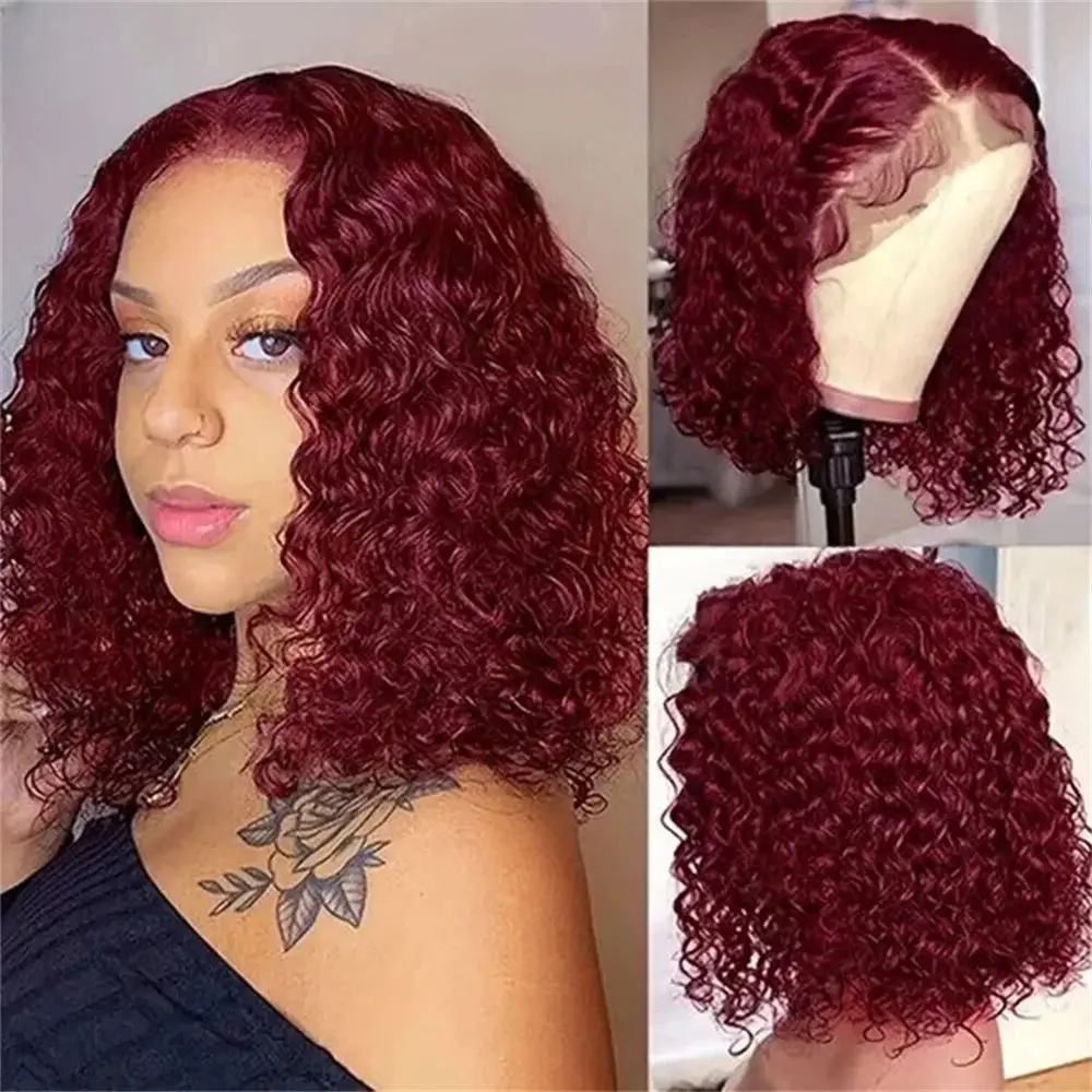 Wig Bob pendek gelombang ikal dalam kepadatan 200% Wig Frontal 13x4 renda Wig 99J Burgundy rambut manusia Brasil penutupan keriting Wig Bob pendek