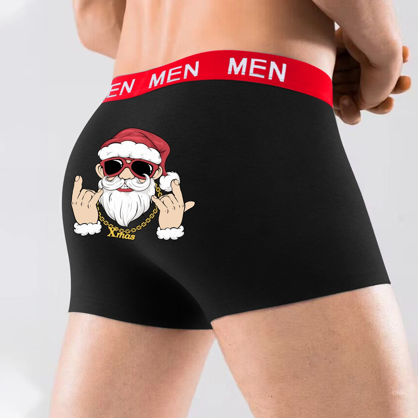 Men Boxer Briefs with Hip Hop Santa Claus Prints Funny Christmas Gift Idea for Men Dad Breathable Boxer Short