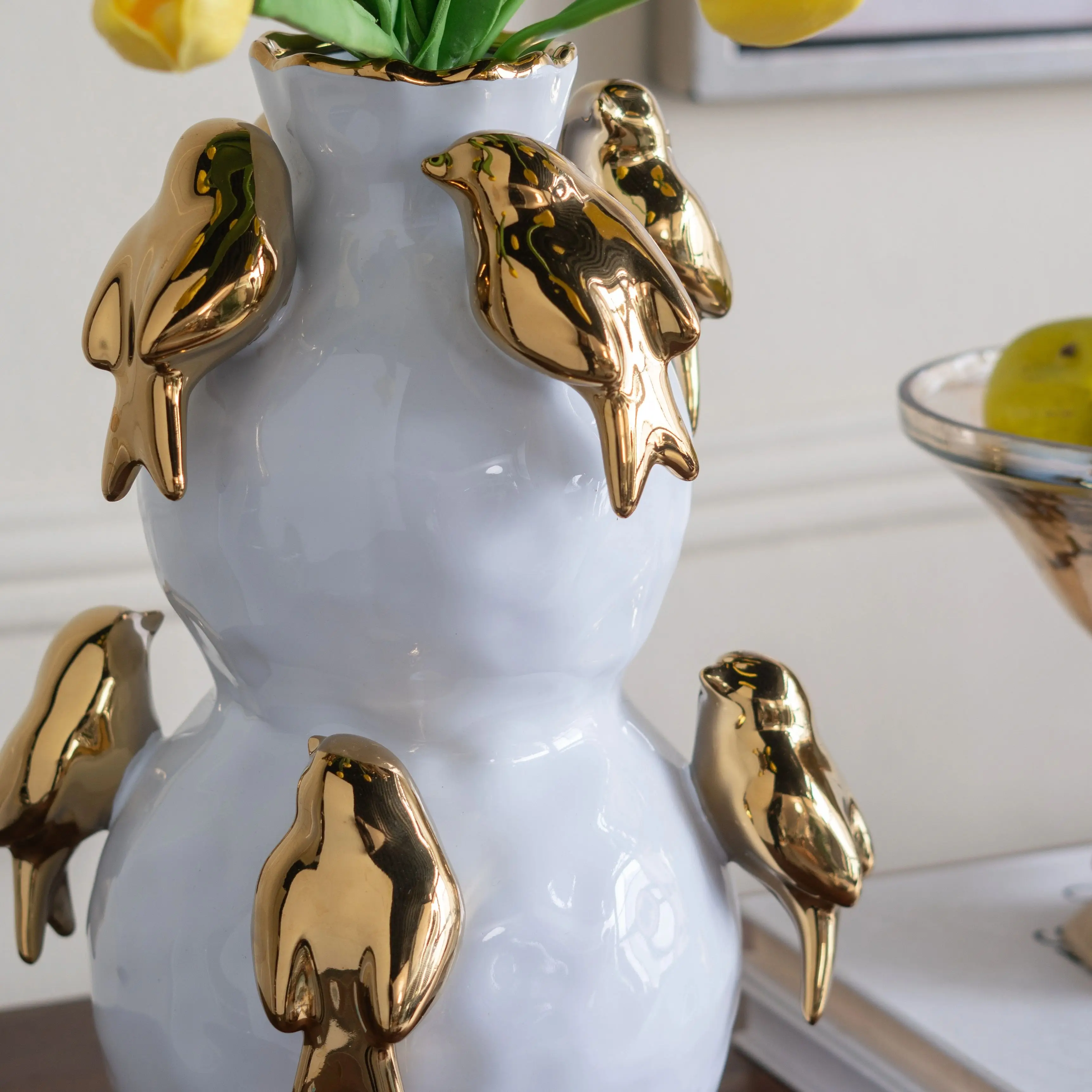 

8.5x8.5x14" White Two-Tiered Ceramic Vase with Gold Bird Accents