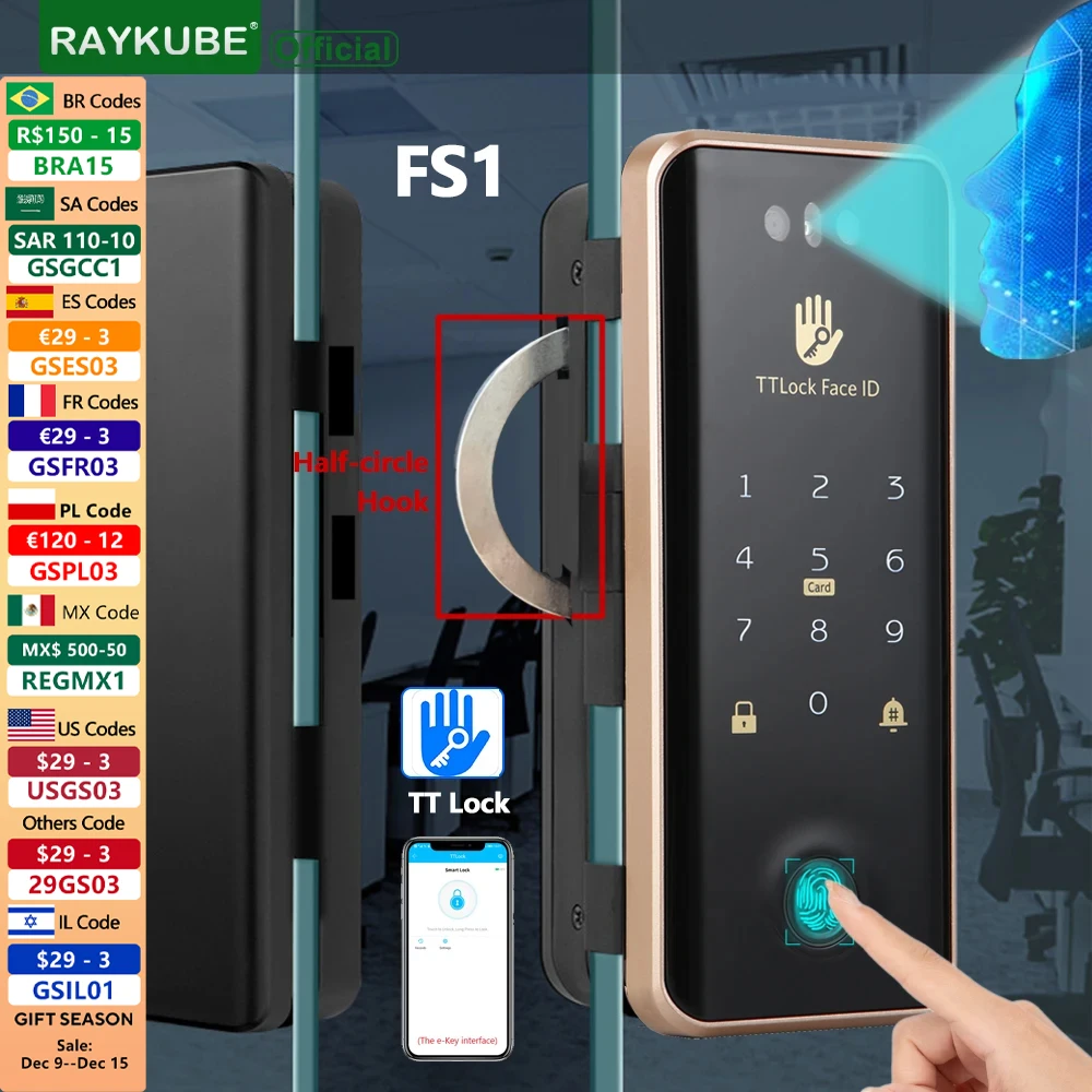 RAYKUBE FS1 TT Lock 3D Face Recognition Smart Lock With Half-circle Hook Biometric Electronic Fingerprint Unlock Glass Door Lock