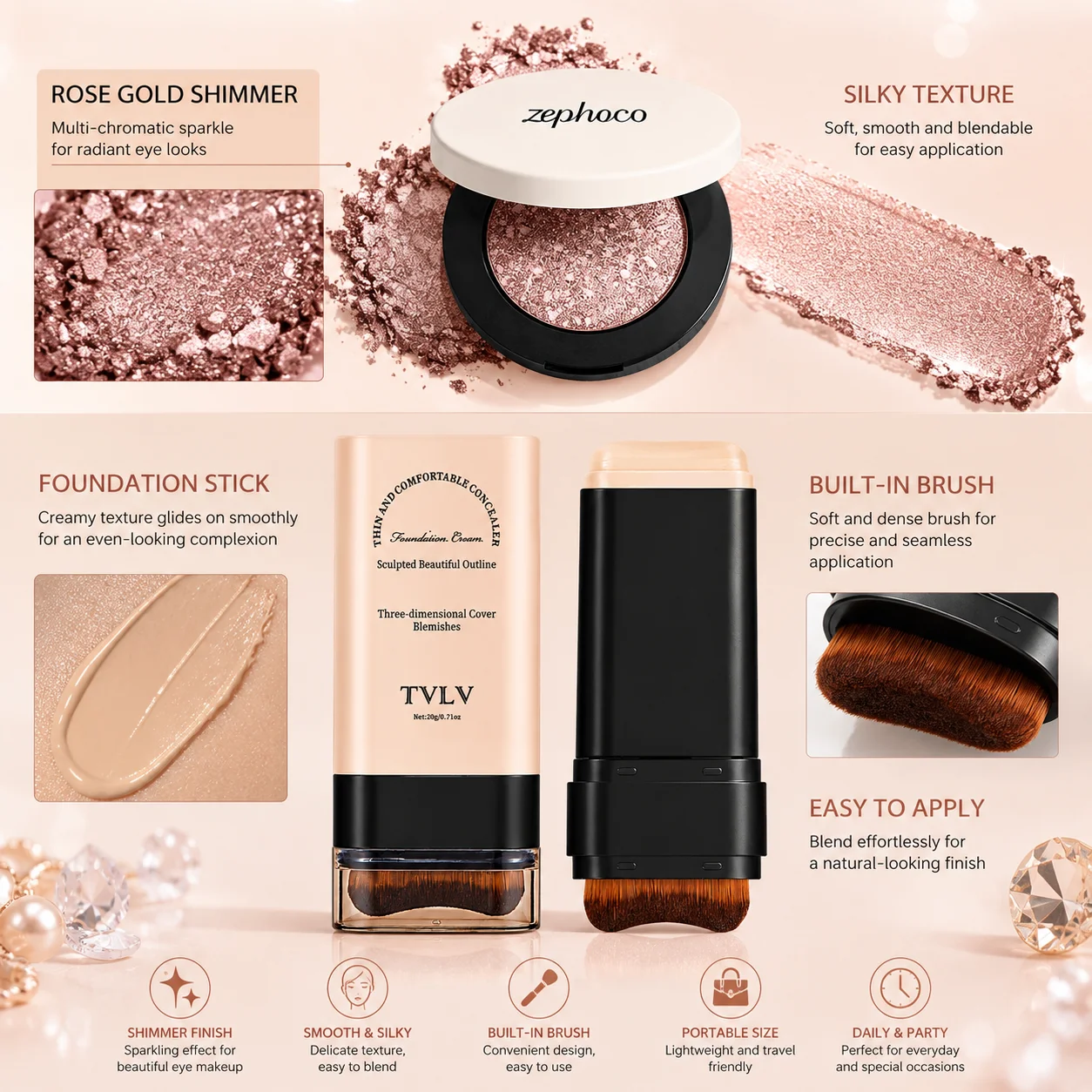 Multi Chromatic Eye Shadow Rose Gold Palette Foundation Stick Face Makeup Kit Pigmented Waterproof Cosmetics Set Daily Dating