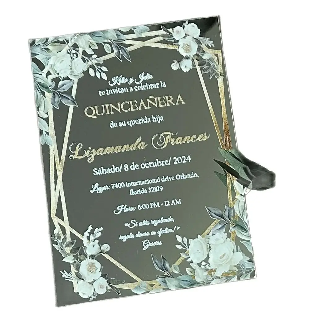 

10pcs Custom Mirror Silver Acrylic Quinceanera Invitation Card,Exquisite Birthday Invitation Card for Gift Favor Decoration