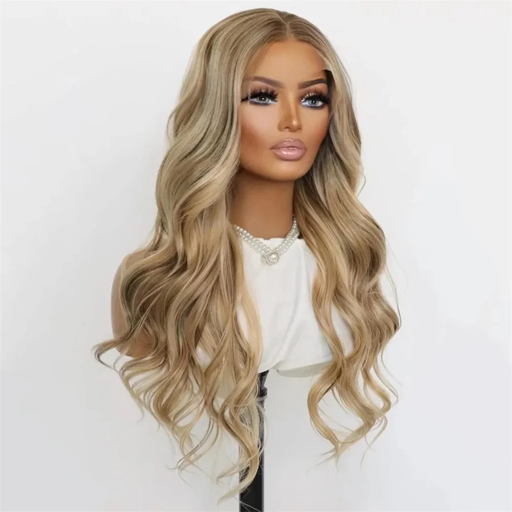 HD Lace Frontal Wig Ash Brown with Light Blonde Highlights Balayage 24 Inches Waves Money Piece Natural Hair Wig Synthetic Fibre