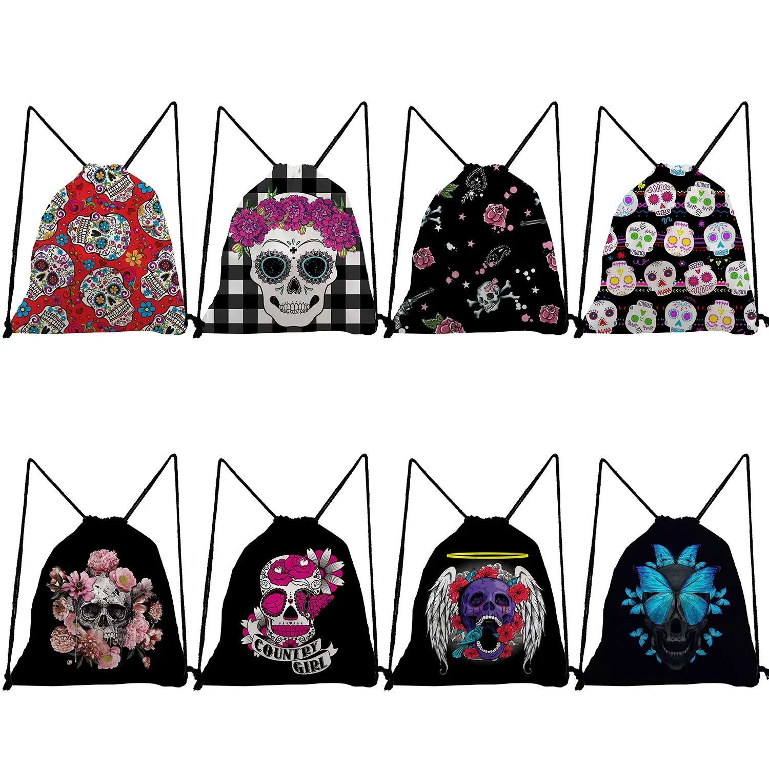 Drawstring Pocket High Quality Portable Shoes Bag Cool Floral Skull Print Backpacks for Students Halloween Candy Gift Bag Unisex