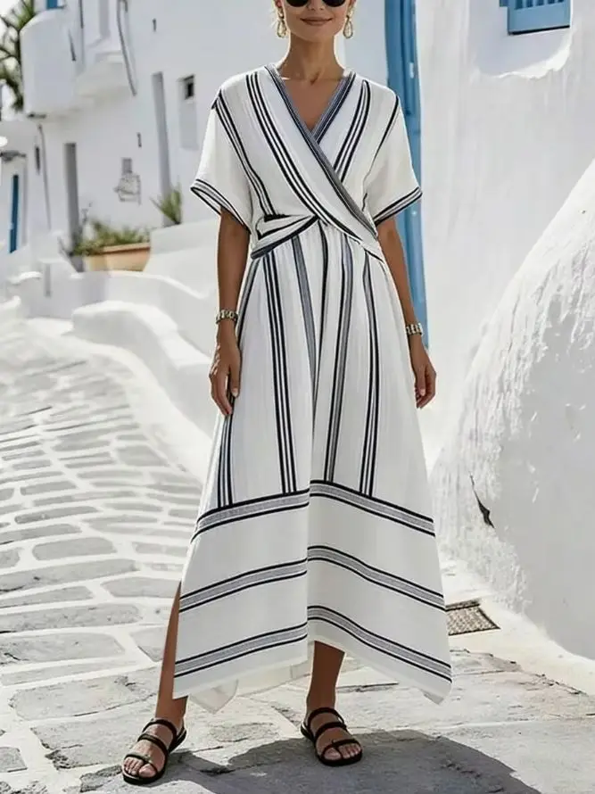 

Summer Midi Summer Dress Women Vacation Dress Casual Summer Dress Striped Wrap Dress