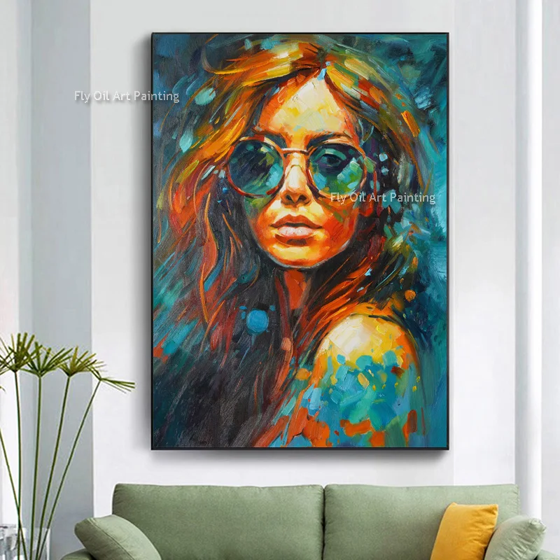 Imagem -02 - Pintura a Óleo Personalizada de Uma Mulher Óculos de Sol Pintados à Mão Figura Pintura da Lona Realismo Moderno Arte Decoração da Parede