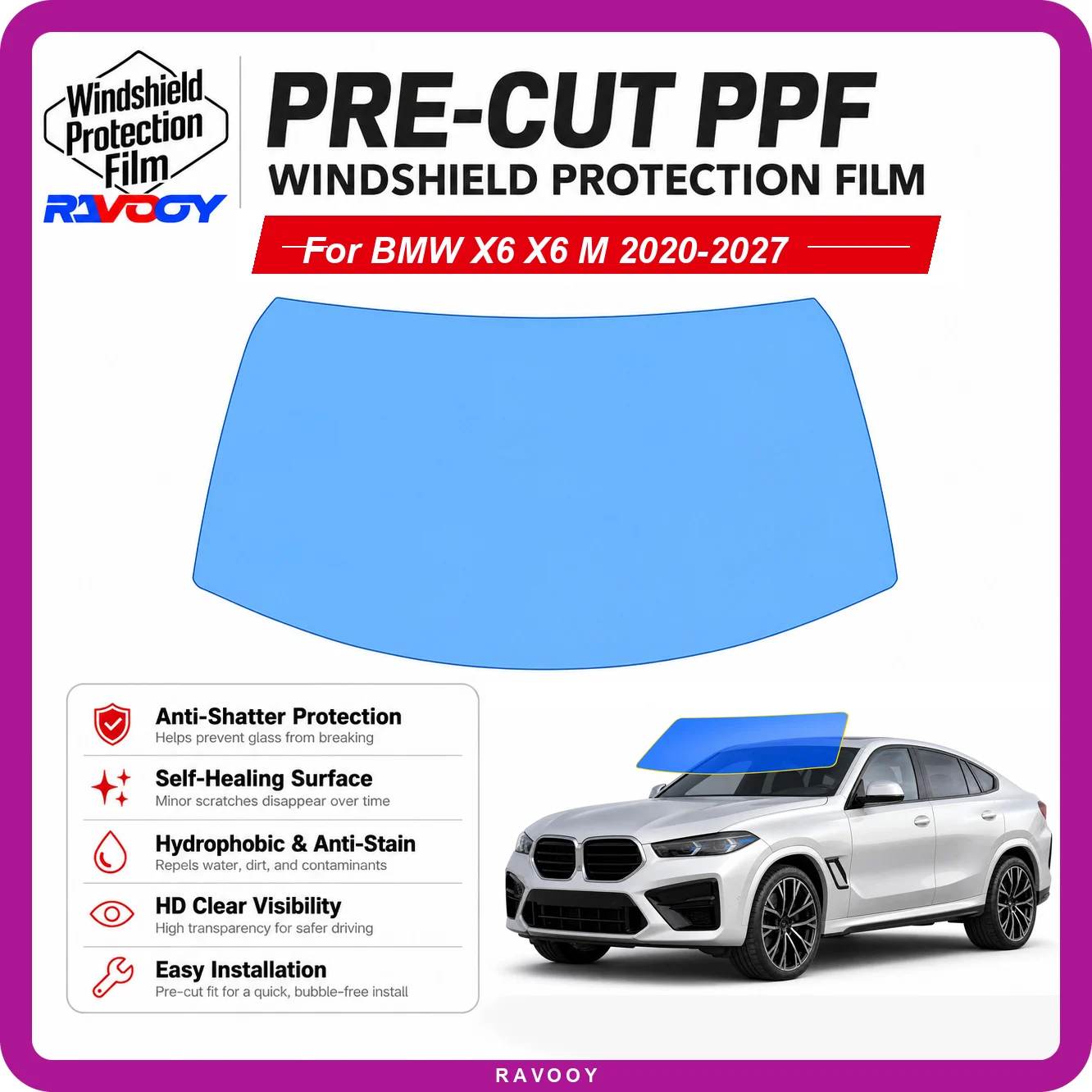 RAVOOY Pre-Cut Front Windshield Protection Film For BMW X6/X6 M 4D SUV 2020-2027 6.5mil Clear TPU UV Blocking Hydrophobic Kit