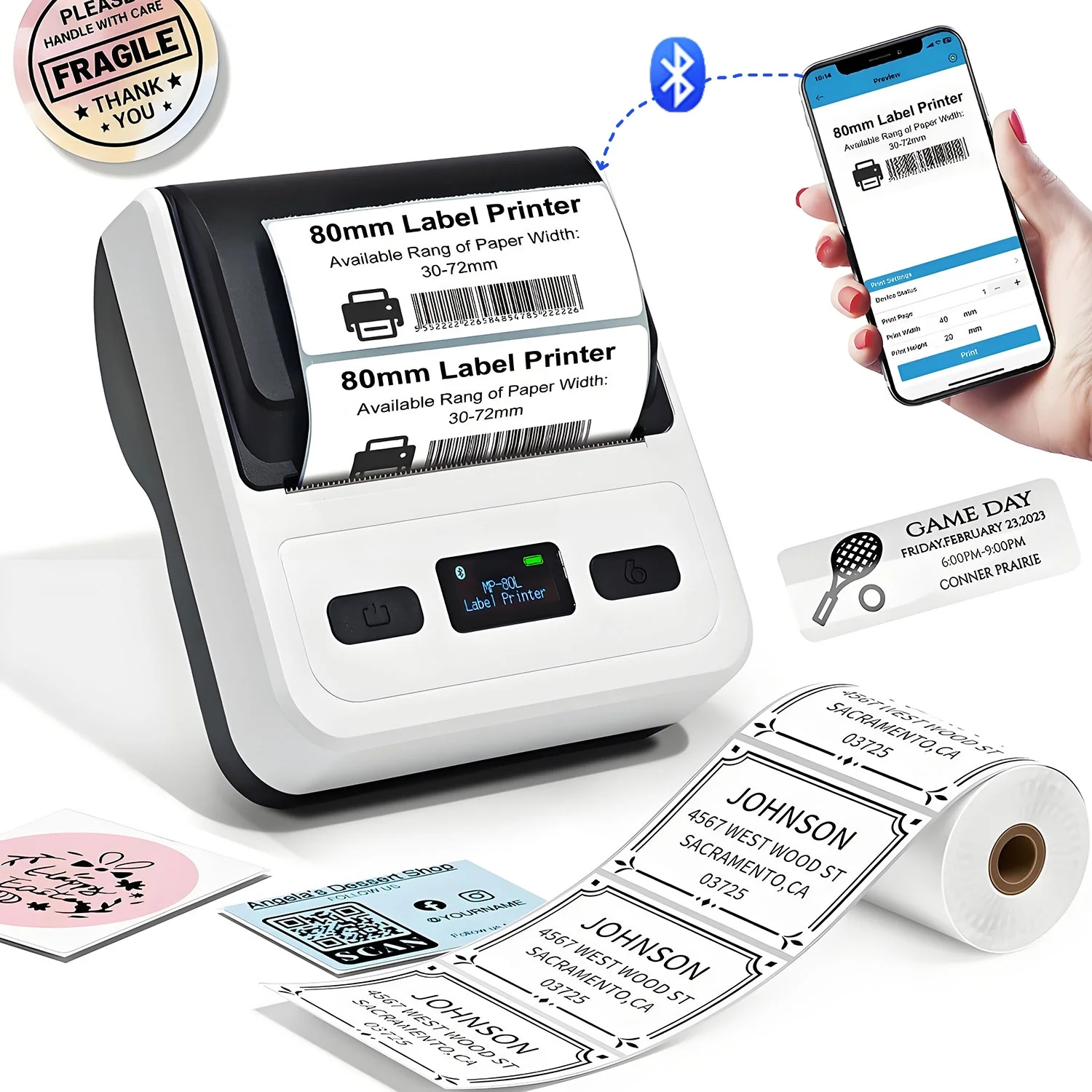 HZTZ 30-80mm Mini Portable Thermal Label and Receipt Printers BT Barcode Hand Multifunctional Price Label Sticker With Battery