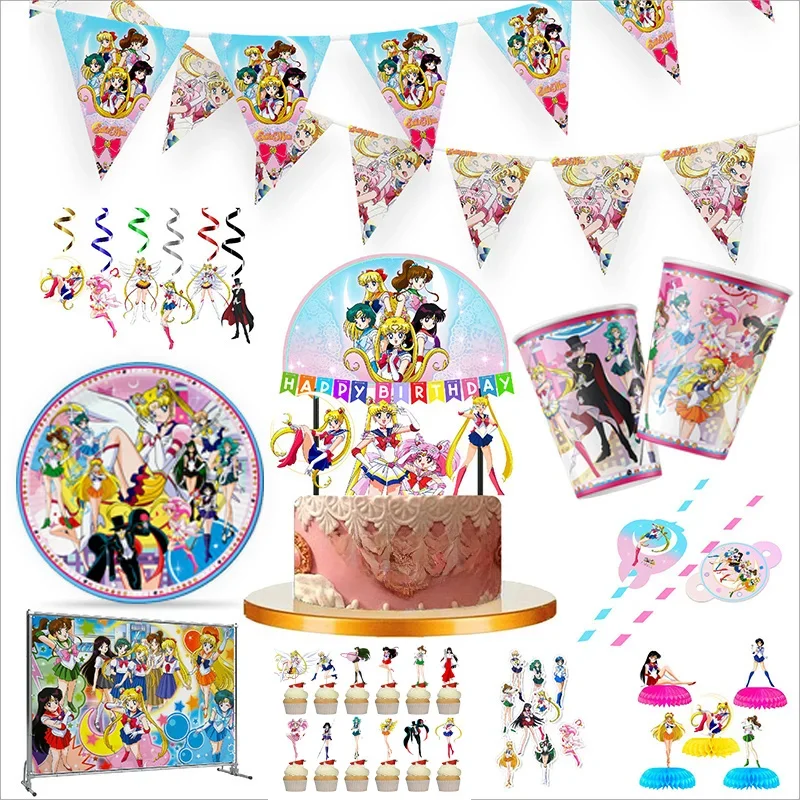 Rosa Sailor Moon Cartoon Baby Dusche Einweggeschirr Set Pappbecher Teller Banner Hintergrund