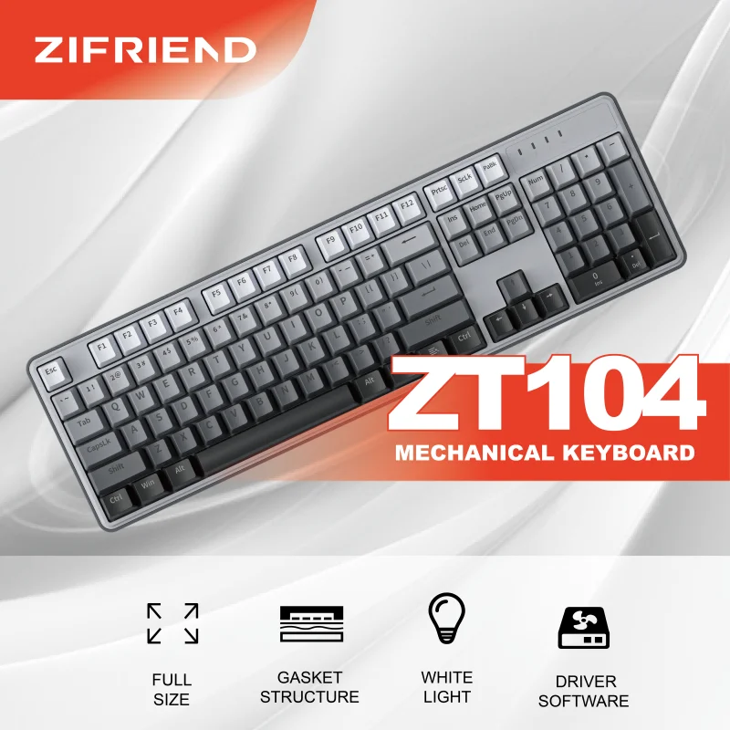 ZIFRIEND ZT104 Gasket Structure Mechanical Keyboard 104 Keys Wired Keyboard Type-C USB Support Hot Swap LED Gaming Keyboard