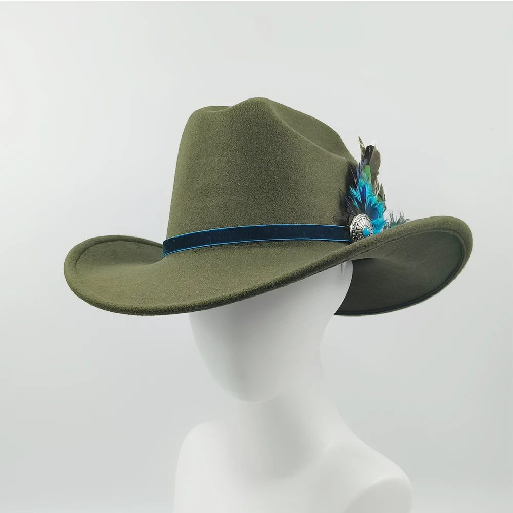 Classic jazz hat western cowboy hat men's and women's hats cowboy hat peacock feather accessories Panama knight hat