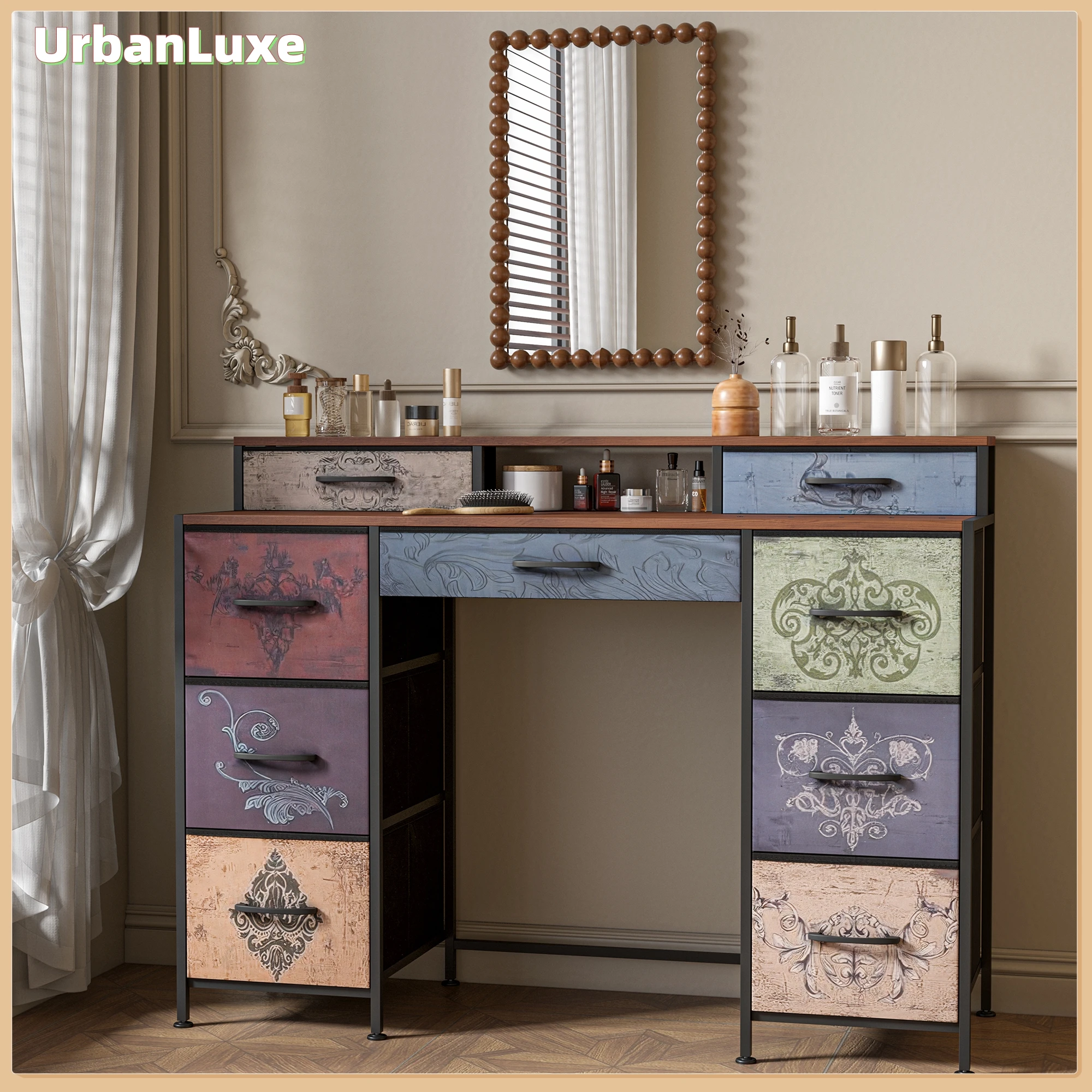 UrbanLuxe Coiffeuse avec 9 tiroirs, beaucoup d'espace de rangement, avec pieds réglables, plaque de table en bois, sans miroir, coiffeuse