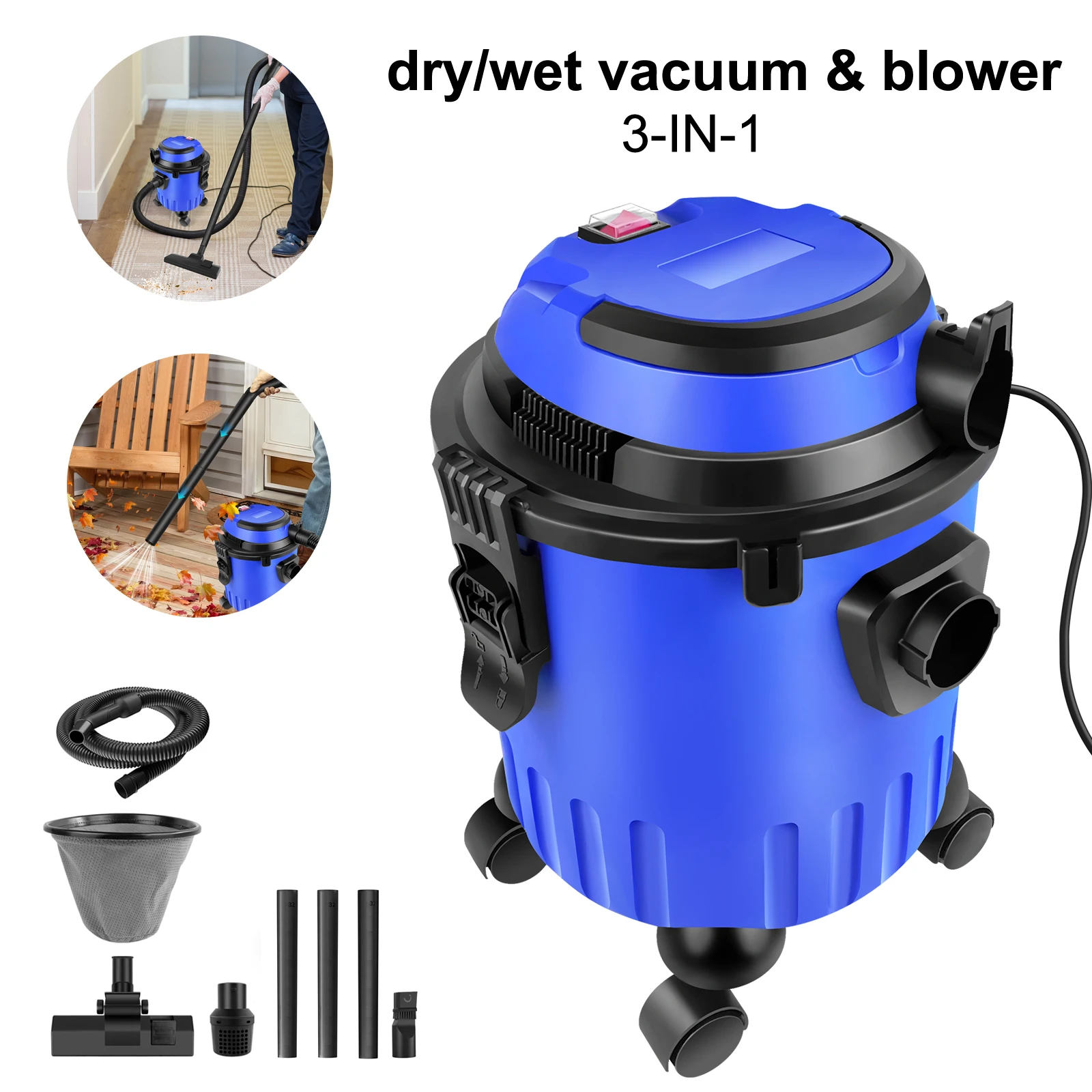 Aspirateur industriel humide et sec 1200W, souffleur, aspiration puissante 19kpa sans sac, capacité 15L, 4 roues pivotantes, cordon d'alimentation 5M, fonction soufflage