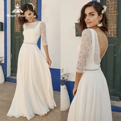 Boho O boyun üç çeyrek seksi aç geri düğmesi dantel üst şifon A Line düğün elbisesi kadınlar için gelin kıyafeti vestidos de vestidos