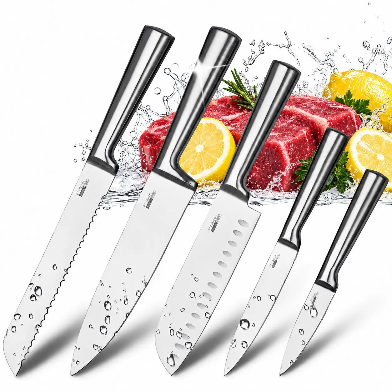 Set di 5 coltelli da cucina in acciaio inossidabile: coltello da chef, coltello Santoku, coltello per pane, coltello multiuso e coltello per verdure, con manici ergonomici in legno Pakkawood, ideale