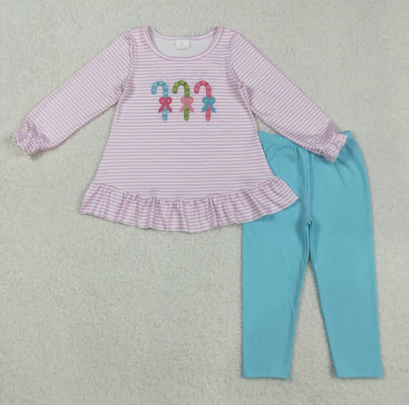 

GLP2468 Candy Cane Embroidery Stripes Tunic Top Blue Pants Girls Christmas Clothes Set