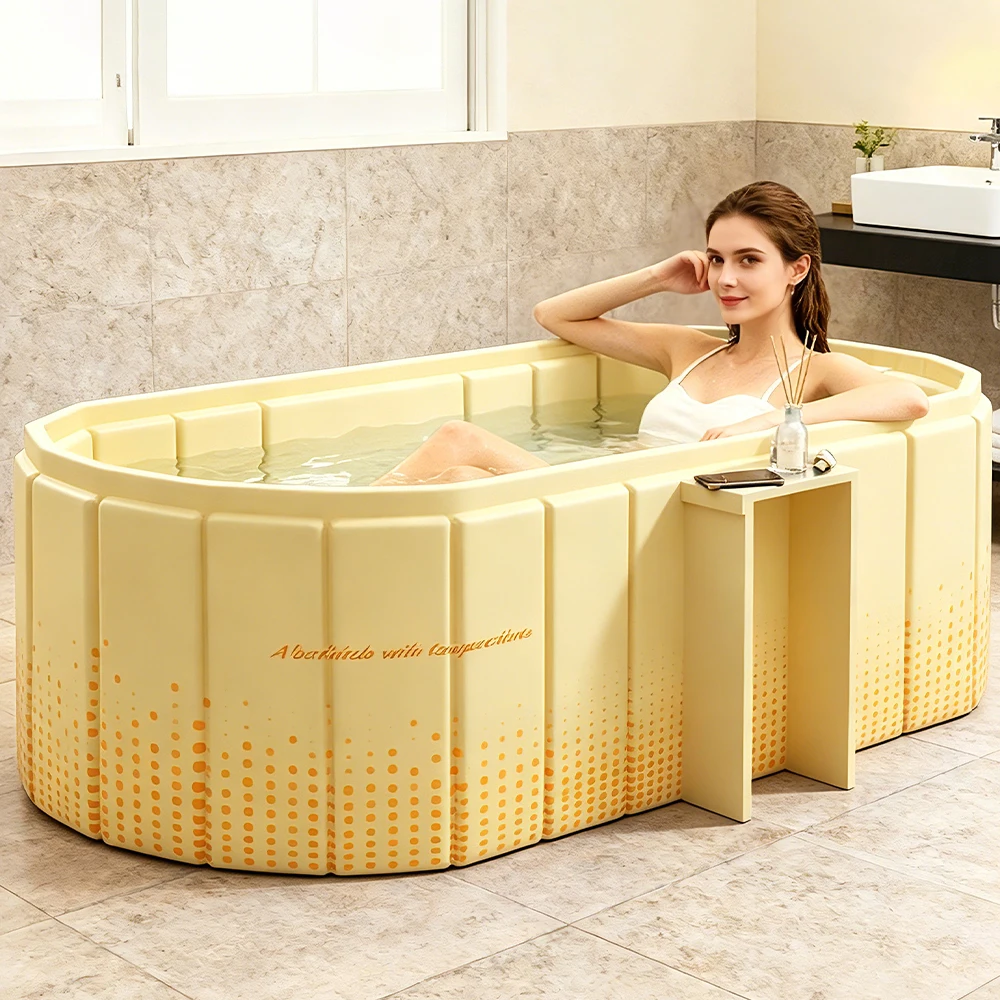 Baignoire pliable de 1,5 m avec étagère, grande baignoire pour adulte, seau de bain double, baignoire pliable portable, bain chaud et froid