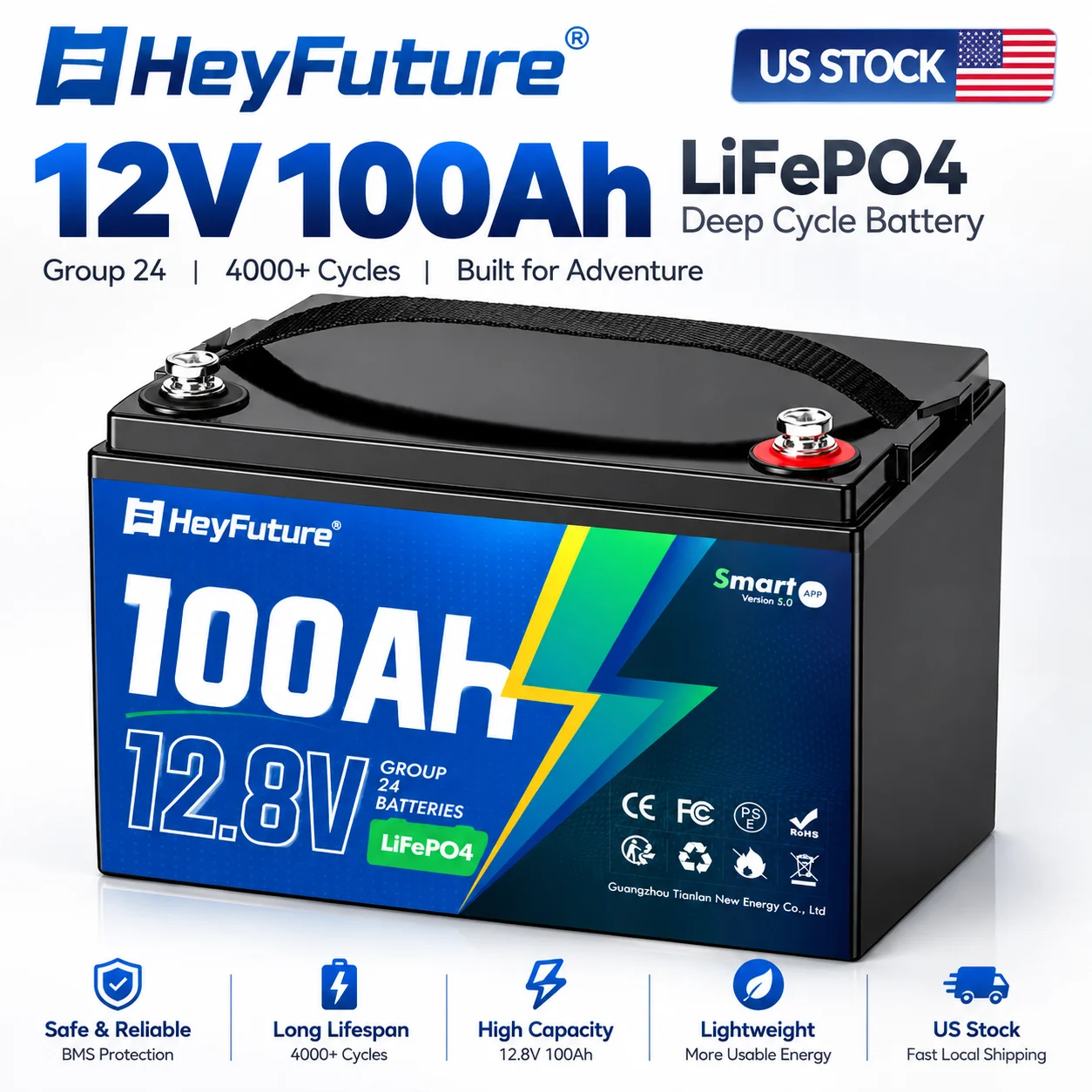 12.8V 100Ah LiFePO4 Battery, Bluetooth Deep Cycle Lithium, 15000 Cycles, Lightweight Compact for RV/Trolling/Yacht/Solar